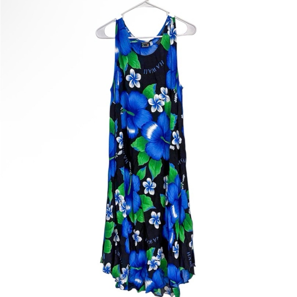 Aloha Hawaiian Tropical Floral Midi Vacation Dress Blue Boho Coastal Vacation